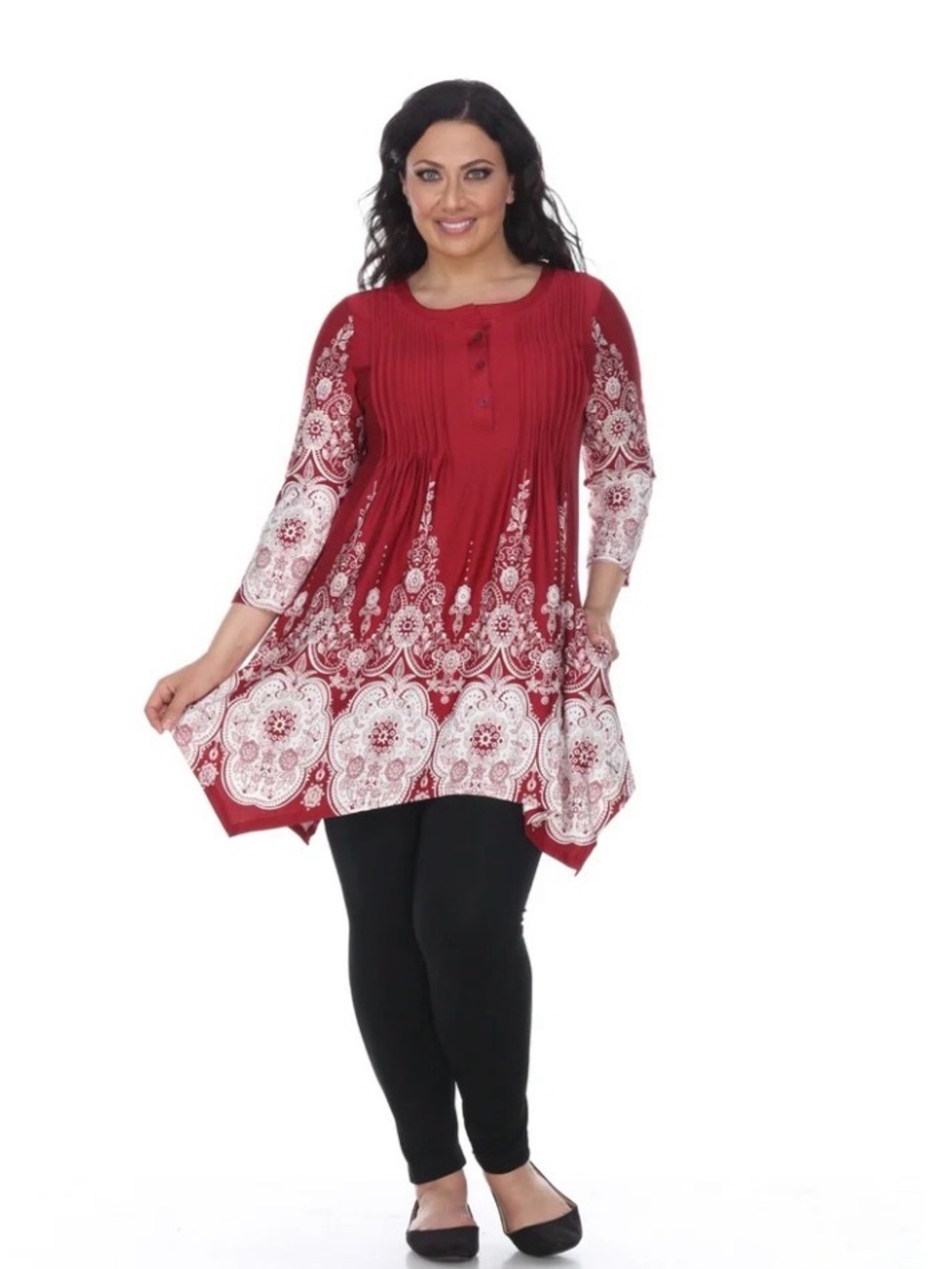 White Mark Red White Paisley Printed Long Sleeve Tunic Top 1XL
